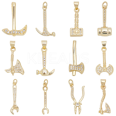 12Pcs 12 Styles Rack Plating Brass Micro Pave Clear Cubic Zirconia Tool Pendants KK-BBC0021-90-1