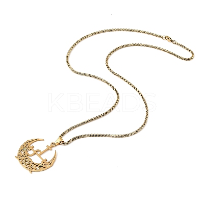 201 Stainless Steel Hollow Crescent Moon Pendant Box Chain Necklaces NJEW-M086-02G-1