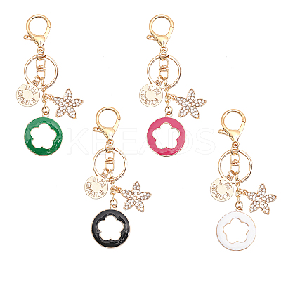 4Pcs 4 Colors Rhinestone Enamel Flower Pendant Keychain with AlloyCharm KEYC-GL0001-08-1
