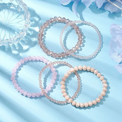5Pcs 5 Styles Faceted Round Glass Beaded Stretch Bracelet Sets BJEW-JB10423-01-1