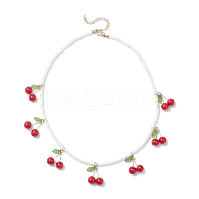 Natural Dyed Mashan Jade Red Cherry Pendant Glass Seed Beaded Necklaces for Women NJEW-TA00211-01-1
