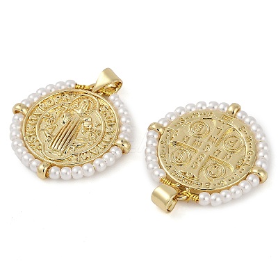 Saint Benedict Medal Brass & ABS Plastic Pearl Pendants KK-U032-10G-1