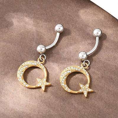 316 Stainless Steel Crystal Rhinestone Curved Barbell Dangle Belly Rings AJEW-C044-04-1