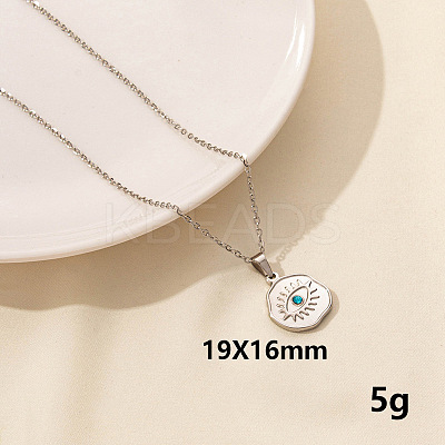 Stylish Stainless Steel Rhinestones Flat Round with Evil Eye Pendant Necklace QQ6499-1-1