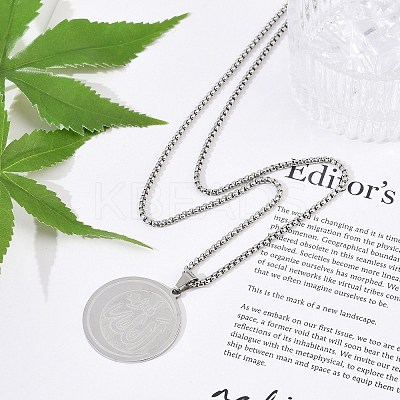 201 Stainless Steel Flat Round with Arabic Pendant Box Chain Necklaces for Women Men NJEW-R013-03P-1