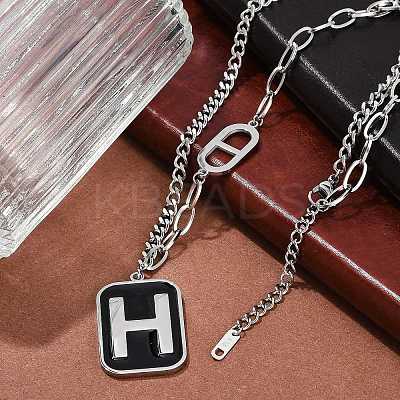 304 Stainless Steel Black Enamel H Rectangle Pendant Twisted Chain Necklaces for Women NJEW-M078-01P-1