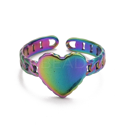 Rainbow Color Ion Plating(IP) 304 Stainless Steel Heart Open Cuff Ring for Women RJEW-A005-05-1