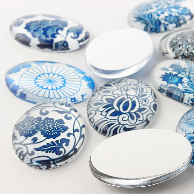 Blue and White Floral Theme Ornaments Glass Oval Flatback Cabochons GGLA-A003-18x25-YY-1