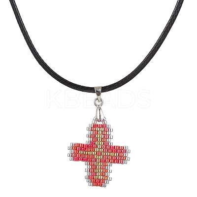 Glass Seed Cross Pendant Necklaces NJEW-MZ00025-01-1