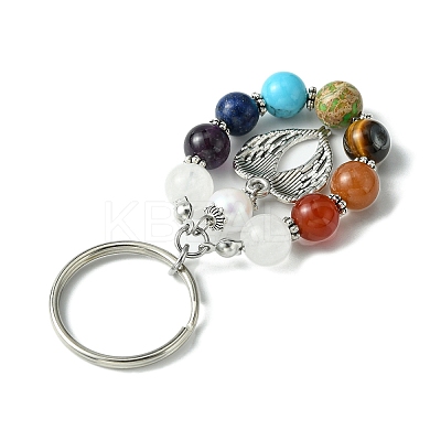 7 Chakra Gemstone Bead Pendant Keychain with Tibetan Style Alloy Charm KEYC-JKC00539-04-1