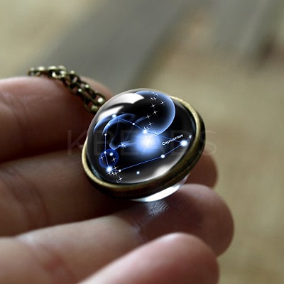 Double Glass Round with Constellation Pendant Alloy Chain Necklaces WG188F6-06-1