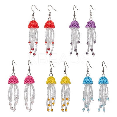304 Stainless Steel Glass Seed Beaded Jellyfish Dangle Earrings EJEW-MZ00435-1