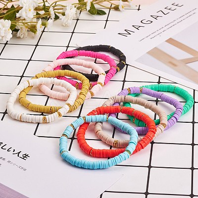 10Pcs 10 Colors Polymer Clay Heishi Beaded Stretch Bracelets BJEW-PH01445-1