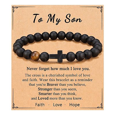 Cross Natural Tiger Eye & Frosted Black Obsidian Round Beads Stretch Bracelets for Men Women WG92FBF-02-1