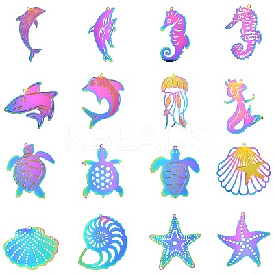 16Pcs 16 Styles Ion Plating(IP) 304 Stainless Steel Etched Metal Embellishments Pendants STAS-CJ0002-56-1