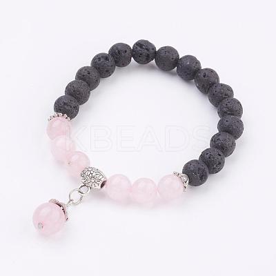Natural Lava Rock and Rose Quartz Charm Bracelets BJEW-P180-D09-1