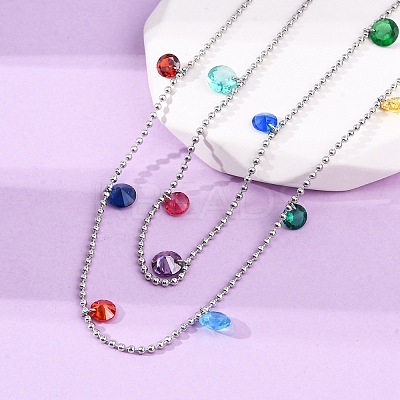 304 Stainless Steel Ball Chain Colorful Cubic Zirconia Flat Round Tassel Double Layer Necklaces for Women NJEW-A051-05P-1