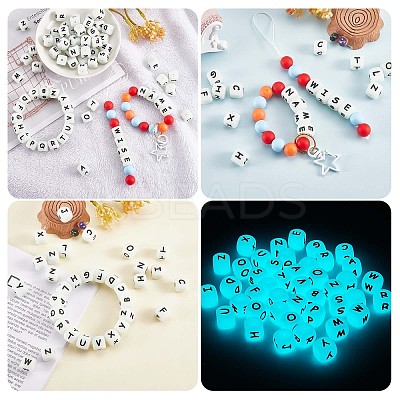 20Pcs Luminous Cube Letter Silicone Beads 12x12x12mm Square Dice Alphabet Beads with 2mm Hole Spacer Loose Letter Beads for Bracelet Necklace Jewelry Making JX437O-1