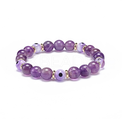 Natural Amethyst & Lampwork Evil Eye Round Beaded Stretch Bracelet BJEW-JB08713-06-1