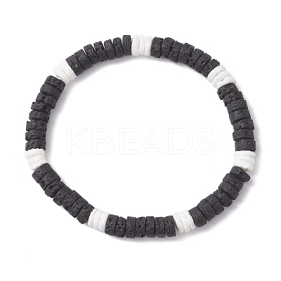 Natural Lava Rock & White Shell Flat Round Beads Stretch Bracelets for Women BJEW-JB12462-02-1