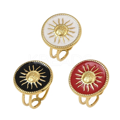Flat Round with Sun Pattern 304 Stainless Steel Enamel Finger Rings for Women RJEW-G355-05G-1