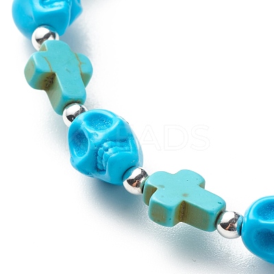 Synthetic Turquoise(Dyed) Cross & Skull Beaded Stretch Bracelet BJEW-JB08452-04-1