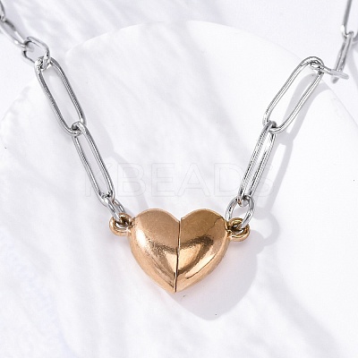 304 Stainless Steel Double-Sided Magnetic Heart Pendant Paperclip Chain Necklaces NJEW-U028-02RG-1