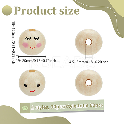 60Pcs 2 Styles Printed Wood European Beads WOOD-FG0001-45-1