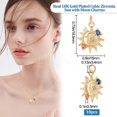 10Pcs Sun with Moon Brass Micro Pave Colorful Cubic Zirconia Pendants KK-BBC0004-16-1