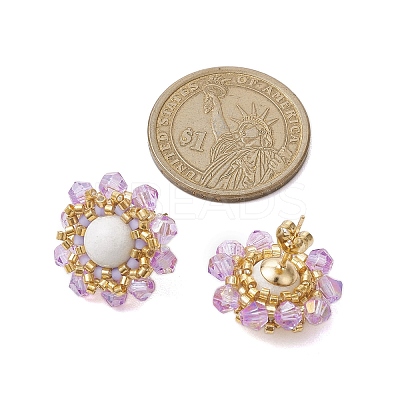 Flower Glass Seed Beaded with Natural Mashan Jade Stud Earrings for Women EJEW-MZ00208-03-1