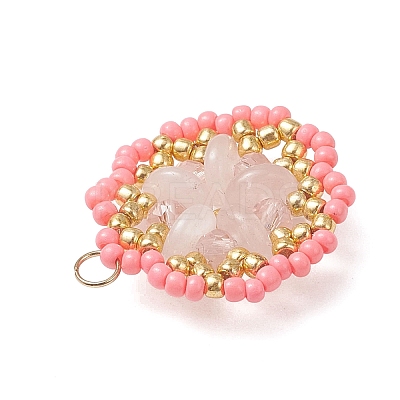Natural Rose Quartz & Glass Seed Beaded Flower Pendants PALLOY-MZ01211-01-1