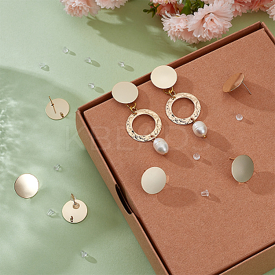 10Pcs Rack Plating Brass Flat Round Stud Earring Findings KK-BC0010-97-1