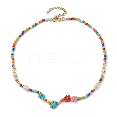 Flower Imitation Pearl Glass Seed & Acrylic Beaded Necklaces NJEW-JN04676-1