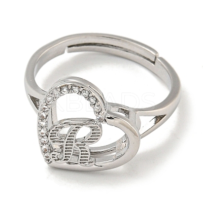 Heart with Letter Rack Plating Brass Micro Pave Cubic Zirconia Adjustable Rings for Women RJEW-I105-06P-R-1
