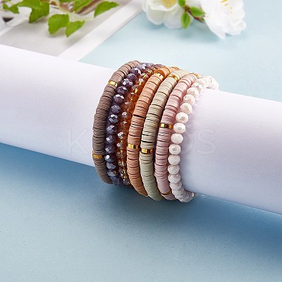 7Pcs 7 Style Handmade Polymer Clay Heishi Surfer Stretch Bracelets Set BJEW-SW00073-04-1