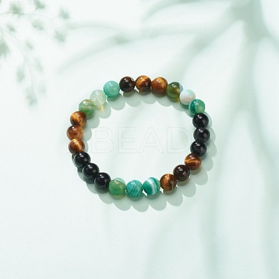 Natural Agate & Tiger Eye & Black Onyx Round Beaded Stretch Bracelet BJEW-JB08400-03-1
