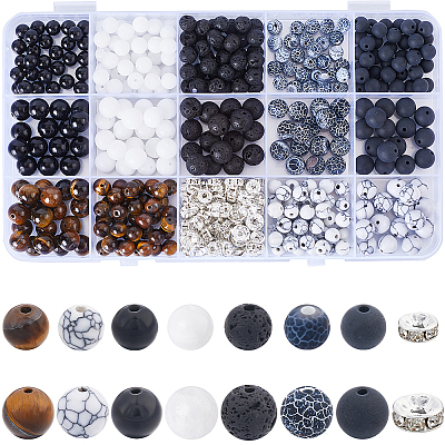DIY Round Natural Obsidian &  Agate & Lava Rock & Tiger Eye & Synthetic Howlite Jewelry Making Findings Beads Kits DIY-SC0027-48-1
