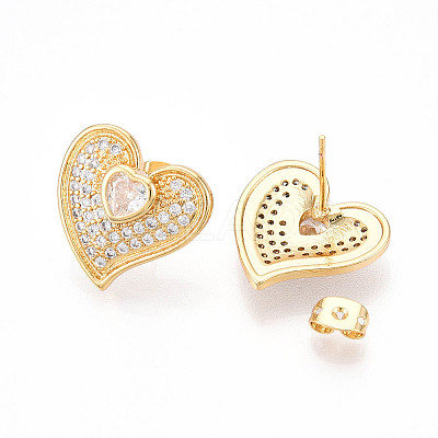 Heart Brass Pave Clear Cubic Zirconia Stud Earrings EJEW-M258-32G-1