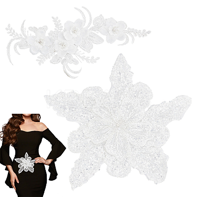 2Pcs 2 Style Flower Polyester Embroidery Appliques PATC-WR0001-01-1