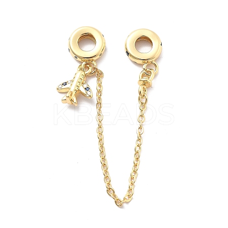 Rack Plating Brass Cubic Zirconia European Beads with Safety Chains and Plane Charms KK-Q017-27G-1
