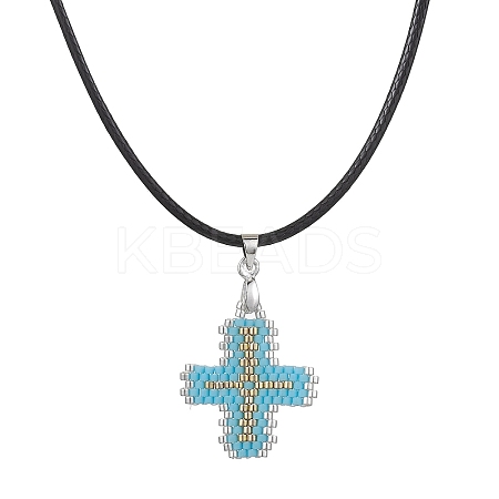 Glass Seed Cross Pendant Necklaces NJEW-MZ00025-02-1
