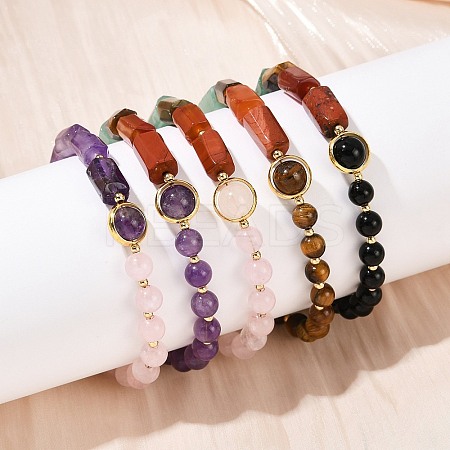Natural Mixed Stone with Brass Round & Prism Beaded Bracelets for Women BJEW-G752-01G-1