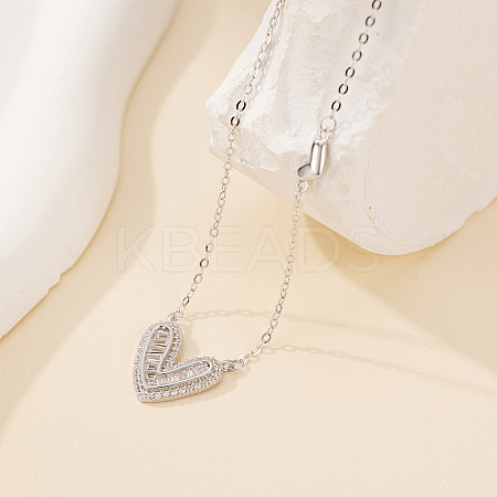 925 Sterling Silver Clear Cubic Zirconia Heart Pendant Cable Chain Necklaces for Women FS-WG5B033-01-1