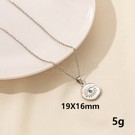 Stylish Stainless Steel Rhinestones Flat Round with Evil Eye Pendant Necklace QQ6499-1-1