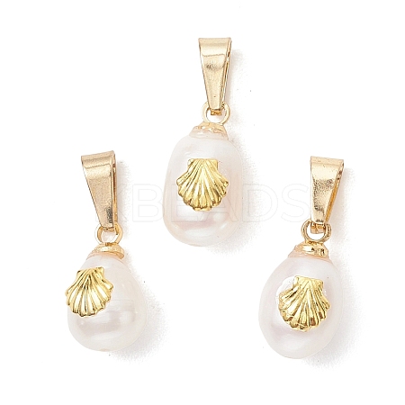 Natural Cultured Freshwater Pearl Rice Charms with Alloy Shell Slices PALLOY-JF04965-1