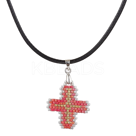 Glass Seed Cross Pendant Necklaces NJEW-MZ00025-01-1