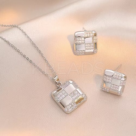 Square 304 Stainless Steel Crystal Rhinestone Pendant Necklaces & Stud Earrings Sets FS-WGB49B1-01-1