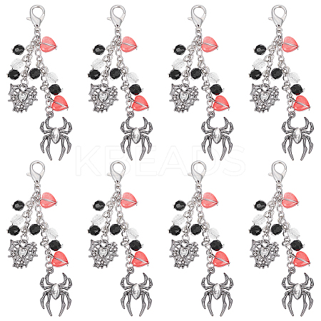 8Pcs Halloween Spider & Web Acrylic & Alloy Pendant Decoration HJEW-SC0001-79-1