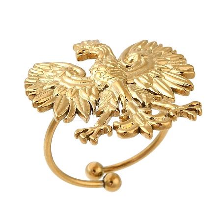 Ion Plating(IP) 304 Stainless Steel Eagle Open Cuff Rings for Women RJEW-M167-01G-1