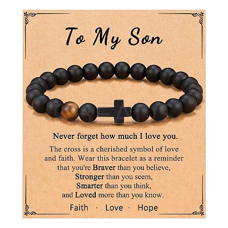 Cross Natural Tiger Eye & Frosted Black Obsidian Round Beads Stretch Bracelets for Men Women WG92FBF-02-1